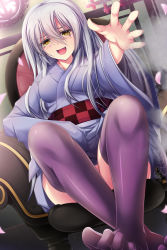 Rule 34 | 1girl, :d, akatuti, blush, breasts, convenient censoring, convenient leg, crossed legs, fang, fantasy, hair between eyes, highres, japanese clothes, long hair, long sleeves, looking at viewer, no panties, open hand, open mouth, original, petals, purple thighhighs, silver hair, sitting, smile, solo, thighhighs, wide sleeves, yellow eyes, zettai ryouiki