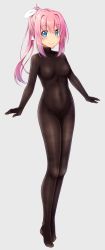 Rule 34 | 1girl, arms at sides, blue eyes, blush, bodystocking, bodysuit, breasts, brown bodysuit, closed mouth, covered collarbone, full body, grey background, gurande (g-size), hair intakes, hair ribbon, highres, legs together, lips, long hair, lonyan (gurande), looking at viewer, medium breasts, original, pink hair, ponytail, ribbon, sidelocks, simple background, skin tight, smile, solo, tareme, white ribbon