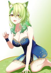 Rule 34 | 1girl, animal ears, braid, braided bangs, breasts, cat ears, ceres fauna, commentary, dress, english commentary, flower, green hair, hair flower, hair ornament, highres, hololive, hololive english, kakiiro416, long hair, looking at viewer, single braid, smile, solo, virtual youtuber, yellow eyes