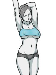Rule 34 | 1girl, arms up, breasts, cleavage, colored skin, covered erect nipples, crop top, grey eyes, grey hair, groin, highres, large breasts, navel, nikcesco, nintendo, short shorts, shorts, solo, tank top, transparent background, underboob, white skin, wii fit, wii fit trainer, wii fit trainer (female)