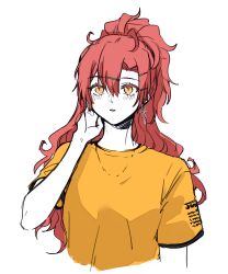Rule 34 | 1girl, aaaaddddd, akuma no riddle, blush, commentary, earrings, highres, jewelry, long hair, parted lips, ponytail, red hair, sagae haruki, shirt, short sleeves, simple background, solo, upper body, white background, yellow eyes, yellow shirt