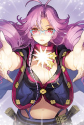 Rule 34 | 1girl, antenna hair, bandana, belt, blue-framed eyewear, breasts, cleavage, cocorip, drill hair, glasses, gs 2nd star, large breasts, long hair, lowres, midriff, navel, open mouth, outstretched arms, outstretched hand, pink hair, red eyes, solo, star (symbol), sword, sword girls, weapon