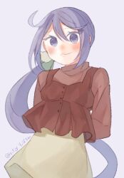 Rule 34 | 1girl, ahoge, akebono (kancolle), alternate breast size, alternate costume, arms behind back, brown shirt, brown sweater, grey background, hair ornament, kantai collection, layered clothes, long hair, looking at viewer, one-hour drawing challenge, pom pom (clothes), pom pom hair ornament, purple eyes, purple hair, shirt, side ponytail, simple background, skirt, sleeveless, sleeveless shirt, solo, suppaman (rfjy), sweater, white skirt