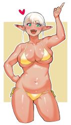Rule 34 | 1girl, arm up, bad id, bad tumblr id, bare shoulders, belly, bikini, blonde hair, blush, breasts, cleavage, collarbone, commentary request, elf, elf-san wa yaserarenai., erufuda-san, fang, green eyes, hand on own hip, heart, highres, large breasts, looking at viewer, navel, open mouth, pointing, pointing up, pointy ears, shiny skin, short hair, skindentation, smile, solo, swimsuit, synecdoche, tan, thick thighs, thighs, yellow bikini