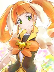 Rule 34 | 1girl, brooch, brown hair, clear glass (mildmild1311), cure sherry, earrings, green eyes, hair ribbon, happinesscharge precure!, heart, heart brooch, jewelry, long hair, looking at viewer, orange hair, precure, puffy sleeves, ribbon, skirt, smile, solo, twintails, upper body, vest, yellow skirt