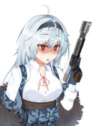 Rule 34 | 1girl, blue gloves, blue hair, breasts, commentary, english commentary, english text, firing, fur trim, girls&#039; frontline, gloves, gun, hairband, handgun, highres, holding, holding gun, holding weapon, long hair, muzzle device, open mouth, pouch, prototype design, red eyes, rifle-caliber handgun, rifle-caliber pistol, silver hair, simple background, smoke, snafu (snafy snu), solo, staring, tactical clothes, thunder (girls&#039; frontline), triple action, triple action thunder, vest pouch, weapon, white background, yandere