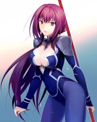 Rule 34 | 1girl, armor, artist request, bodysuit, breasts, cleavage, cosplay, crossdressing, cu chulainn (fate), cu chulainn (fate/stay night), cu chulainn (fate/stay night) (cosplay), fate/grand order, fate (series), gae bolg (fate), gradient background, highres, large breasts, long hair, looking at viewer, pauldrons, polearm, purple hair, red eyes, sani (pixiv 10176316), scathach (fate), shoulder armor, solo, spear, weapon