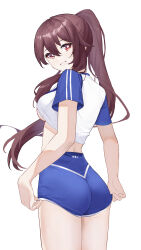Rule 34 | 1girl, ass, blue shorts, breasts, brown hair, candy shunya, commentary request, cowboy shot, crop top, genshin impact, grin, hair between eyes, highres, hu tao (genshin impact), large breasts, long hair, looking at viewer, midriff, no headwear, ponytail, raglan sleeves, red eyes, shirt, short shorts, short sleeves, shorts, simple background, smile, solo, standing, thighs, underboob, very long hair, white background, white shirt