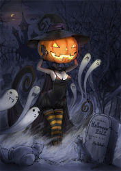 Rule 34 | 10s, 1girl, 2012, = =, bad id, bad pixiv id, breasts, burunuu (bullnukko), cat, cleavage, ghost, graveyard, halloween, hat, jack-o&#039;-lantern, moon, night, o3o, original, pumpkin, pumpkin hat, solo, striped clothes, striped thighhighs, thighhighs, tombstone, witch hat