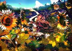 Rule 34 | 1girl, apron, brown hair, colorful, dress, flower, hat, long hair, nature, open mouth, original, scenery, solo, sunflower, untan (nanathy)
