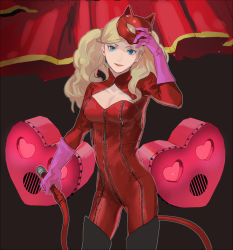 Rule 34 | 1girl, black background, black footwear, blonde hair, blue eyes, bodysuit, boots, breasts, cleavage, cleavage cutout, clothing cutout, cowboy shot, elbow gloves, fox mask, gloves, hanimo0404, holding, holding whip, long hair, long sleeves, looking at viewer, mask, medium breasts, parted lips, persona, persona 5, pink gloves, red bodysuit, smile, solo, swept bangs, takamaki anne, thigh boots, thighhighs, twintails, zipper
