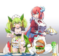 Rule 34 | 2girls, absurdres, apron, blue eyes, blue hair, breasts, detached collar, dragon girl, dragon horns, dragon tail, dragonmaid (yu-gi-oh!), duel monster, food, gradient background, green hair, highres, holding, holding tray, horns, hungry burger, juliet sleeves, kitchen dragonmaid, long hair, long sleeves, macaron, maid, maid apron, multicolored hair, multiple girls, noagen, open mouth, parlor dragonmaid, plate, puffy short sleeves, puffy sleeves, red hair, short sleeves, spoon, streaked hair, tail, teapot, thighhighs, tiered tray, tray, vase, wrist cuffs, yu-gi-oh!