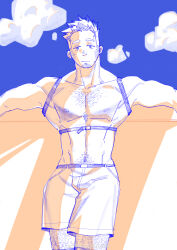 Rule 34 | 1boy, abs, absurdres, bara, blue theme, chest hair, chest harness, cloud, cloudy sky, facial hair, feet out of frame, goatee stubble, hairy, harness, highres, jitome, kawuky, large pectorals, leg hair, long sideburns, looking at viewer, male focus, mature male, muscular, muscular male, navel, navel hair, nipples, original, outstretched arms, pectorals, short hair, shorts, sideburns, sideburns stubble, sky, solo, spread arms, standing, stomach, stubble