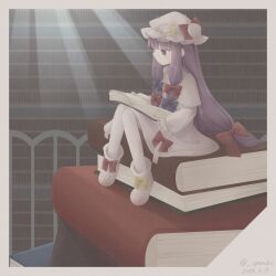 Rule 34 | 1girl, amano choco, blunt bangs, book, book stack, bookshelf, boots, bow, capelet, crescent, crescent hat ornament, dress, footwear bow, full body, hair bow, hat, hat bow, hat ornament, highres, holding, holding book, library, light rays, long hair, long sleeves, mini person, minigirl, mob cap, multiple hair bows, patchouli knowledge, purple eyes, purple hair, reading, sitting, solo, sunlight, touhou, very long hair