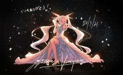 Rule 34 | 1girl, absurdres, alternate costume, arm between legs, breasts, character name, commentary, dated, detached sleeves, dress, english commentary, furai sen, heart, high heels, highres, liliana vampaia, long hair, myholo tv, official art, silver dress, silver footwear, silver hair, sitting, small breasts, smile, solo, twintails, very long hair, virtual youtuber