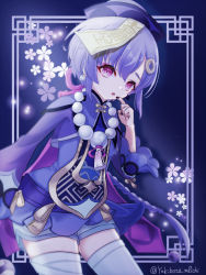Rule 34 | 1girl, bandaged leg, bandages, bead necklace, beads, bent over, blue shorts, braid, braided ponytail, cape, cherry blossom print, chinese clothes, commentary request, earrings, finger to mouth, floral print, genshin impact, hair between eyes, hat, index finger raised, jewelry, jiangshi, long hair, long sleeves, looking at viewer, low ponytail, necklace, ofuda, parted lips, purple eyes, purple hair, qingdai guanmao, qiqi (genshin impact), shorts, sidelocks, single braid, solo, thighhighs, twitter username, wide sleeves, yukibota mochi, zettai ryouiki