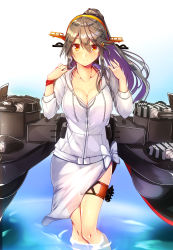 Rule 34 | 1girl, alternate costume, alternate hairstyle, bikini, bikini under clothes, breasts, cleavage, closed mouth, collarbone, dazzle paint, gradient background, grey hair, hair ornament, hairclip, haruna (kancolle), headgear, highres, jacket, kantai collection, large breasts, light smile, long hair, looking at viewer, open clothes, open jacket, parted lips, partially submerged, ponytail, rigging, sarong, smile, solo, swimsuit, swimsuit under clothes, thigh strap, tsukui kachou, turret, wading, white bikini, white jacket, white sarong, wristband, yellow eyes