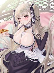 Rule 34 | 1girl, absurdly long hair, areola slip, azur lane, bare shoulders, between breasts, black dress, black ribbon, breasts, cheese trail, cleavage, detached collar, dress, earrings, eating, food, formidable (azur lane), frilled dress, frills, grey hair, hair ribbon, highres, holding, holding food, holding pizza, huge breasts, indoors, jewelry, long hair, looking at viewer, necktie, necktie between breasts, pizza, pizza slice, red eyes, ribbon, solo, toccic, twintails, two-tone dress, two-tone ribbon, very long hair, white dress, white ribbon