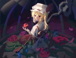 Rule 34 | 1girl, back bow, blonde hair, bow, closed mouth, commentary, dun ji (user mzgg2754), english commentary, flandre scarlet, from behind, hair between eyes, hat, hat ribbon, highres, long hair, looking back, md5 mismatch, mob cap, multicolored wings, puffy short sleeves, puffy sleeves, red eyes, red ribbon, red skirt, red vest, resolution mismatch, ribbon, ribbon-trimmed headwear, ribbon trim, shirt, short sleeves, skirt, solo, source smaller, touhou, vest, white bow, white hat, white shirt, wings