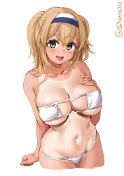 Rule 34 | 1girl, bare arms, bare shoulders, bikini, blush, breast suppress, breasts, brown eyes, collarbone, cowboy shot, cropped legs, ebifurya, eyepatch bikini, groin, hair between eyes, hairband, hand on own chest, hand up, highres, i-26 (kancolle), kantai collection, large breasts, light brown hair, looking at viewer, navel, one-hour drawing challenge, one-piece tan, open mouth, simple background, skindentation, smile, solo, swimsuit, tan, tanline, tongue, twitter username, white background, white bikini