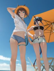 Rule 34 | 2girls, absurdres, amiya (arknights), animal ears, aqua shorts, arknights, arm up, beach, belt, bikini, black bikini, blue bikini, blue choker, blue eyes, blue hair, blue shorts, blue sky, breasts, brown hair, ch&#039;en (arknights), ch'en (arknights), choker, closed mouth, day, female tourist c (arknights), hair between eyes, hat, highleg, highleg bikini, highres, horns, huge filesize, jewelry, long hair, looking at viewer, medium breasts, multiple girls, multiple rings, navel, official alternate costume, outdoors, rabbit girl, ring, see-through, shirt, short shorts, shorts, sidelocks, sky, stomach, straw hat, sunglasses, swimsuit, table, tacshojosora, thigh strap, thighs, white shirt