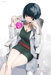 Rule 34 | 1girl, beaker, black hair, breasts, btmr game, chair, choker, coat, crossed legs, dress, green dress, heart, highres, holding, jewelry, lab coat, lips, lipstick, long sleeves, looking at viewer, makeup, medium breasts, nail polish, open clothes, open coat, persona, persona 5, red eyes, red nails, short hair, signature, simple background, sitting, solo, takemi tae, white coat