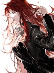Rule 34 | 1girl, black jacket, black shirt, cigarette, collared shirt, dutch angle, hand in own hair, highres, jacket, kali (project moon), library of ruina, long hair, long sleeves, looking to the side, profile, project moon, red hair, remsrar, shirt, sidelocks, simple background, solo, very long hair, white background