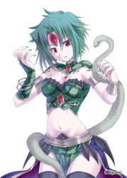 Rule 34 | 1girl, basilisk (falkyrie no monshou), black thighhighs, breasts, falkyrie no monshou, gem, green hair, jewelry, lots of jewelry, nail polish, navel, open mouth, red eyes, short hair, simple background, smile, snake, solo, soukuu kizuna, thighhighs, watermark, white background
