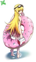 Rule 34 | 1girl, barefoot, blonde hair, brown eyes, doughnut, dress, food, from behind, full body, goggles, goggles on head, highres, holding, innertube, long hair, looking back, makicha (sasurainopink), monogatari (series), mouth hold, off shoulder, oshino shinobu, pink dress, shiny skin, short dress, sleeveless, sleeveless dress, soles, solo, standing, swim ring, torn clothes, torn dress, very long hair, white background