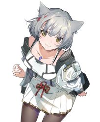 Rule 34 | 1girl, animal ears, artist request, breasts, camisole, cat ears, chest jewel, collarbone, highres, jacket, leggings, looking at viewer, mio (xenoblade), pantyhose, short hair, shoulder strap, simple background, skirt, small breasts, solo, tank top, white background, white camisole, white hair, white jacket, white skirt, white tank top, xenoblade chronicles (series), xenoblade chronicles 3, yellow eyes