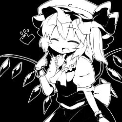 Rule 34 | 1girl, ariyoshi gen, bad id, bad pixiv id, bow, closed eyes, fang, female focus, flandre scarlet, greyscale, hat, hat bow, heart, monochrome, open mouth, smile, solo, touhou, wings, wrist cuffs