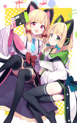 2girls absurdres animal_ear_headphones animal_ears black_thighhighs blonde_hair blue_archive blue_bow blue_necktie bow cat_ear_headphones commentary_request fake_animal_ears green_halo hair_bow halo handheld_game_console headphones highres holding holding_handheld_game_console jacket looking_at_viewer midori_(blue_archive) momoi_(blue_archive) multiple_girls necktie pink_halo red_bow short_hair siblings sisters thighhighs twins white_jacket yamada_auto