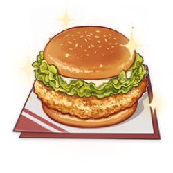 Rule 34 | artist request, burger, chicken (food), commentary, english commentary, food, food focus, game cg, genshin impact, lettuce, lowres, mayonnaise, meat, napkin, no humans, official art, simple background, sparkle, still life, third-party source, transparent background