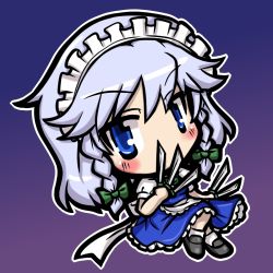 Rule 34 | 1girl, blue dress, blue eyes, blush, bow, braid, chibi, covering face, covering own mouth, covering privates, dress, eruru (erl), female focus, full body, gradient background, hair bow, izayoi sakuya, knife, maid, silver hair, sitting, solo, throwing knife, touhou, twin braids, weapon