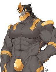 Rule 34 | 1boy, abs, bara, bare pecs, bursting pecs, character request, check copyright, colored skin, copyright request, cowboy shot, crotch plate, gomtang, grey skin, hand on hip, head tilt, helmet, large pectorals, looking at viewer, male focus, male pubic hair, monster boy, muscular, muscular male, navel, navel hair, nipples, original, pectorals, pubic hair, revealing clothes, solo, stomach, thick thighs, thighs, veins