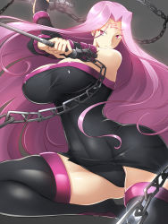 Rule 34 | 1girl, absurdres, bare shoulders, black thighhighs, boots, breasts, chain, covered navel, dress, facial mark, fate/stay night, fate (series), forehead mark, haganef, highres, huge breasts, light smile, long hair, medusa (fate), medusa (rider) (fate), microdress, navel, pink eyes, pink hair, solo, strapless, strapless dress, thick thighs, thigh boots, thighhighs, thighs, wide hips