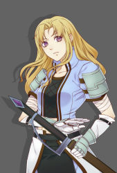 Rule 34 | 1girl, armor, bandaged arm, blonde hair, collarbone, gloves, highres, holding, holding sword, holding weapon, jacket, original, purple eyes, sheath, sheathed, solo, sword, upper body, vambraces, weapon, white gloves, xt990
