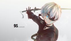 Rule 34 | 1boy, artist name, blindfold, blue eyes, character name, highres, looking away, male focus, mazumaro, nier (series), nier:automata, short hair, solo, sword, weapon, white background, white hair, 9s (nier:automata)