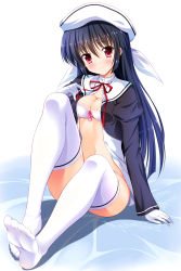 Rule 34 | 1girl, amamiya yuuko, breasts, character name, cleavage, closed mouth, ef (visual novel), english text, feet, full body, hat, head tilt, highres, long hair, looking at viewer, medium breasts, no pants, no shoes, open clothes, red eyes, sitting, smile, soles, solo, thighhighs, toes, very long hair, white hat, white thighhighs, yagami-all hail nanao