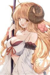 Rule 34 | 1girl, :d, absurdres, ahoge, anila (granblue fantasy), anila (summer) (granblue fantasy), bikini, blonde hair, blush, breasts, cleavage, collarbone, commentary request, detached sleeves, draph, granblue fantasy, highres, horns, kutar22, large breasts, long hair, long sleeves, looking at viewer, open mouth, red ribbon, ribbon, sheep horns, short eyebrows, simple background, smile, solo, swimsuit, teeth, thick eyebrows, upper body, upper teeth only, very long hair, white background, white bikini, yellow eyes