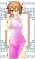 Rule 34 | 1girl, bare arms, bare legs, bare shoulders, blush, brown eyes, brown hair, bun cover, china dress, chinese clothes, double bun, dress, folded fan, folding fan, grin, hand fan, holding, i.u.y, legs, looking at viewer, misaka worst, short hair, side slit, smile, toaru majutsu no index, tongue
