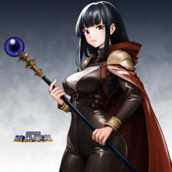 Rule 34 | 1girl, black bodysuit, black eyes, black hair, bodysuit, breasts, cape, copyright name, highres, holding, holding wand, long hair, looking at viewer, minamoto80486, red cape, relics: ankoku yousai, sidelocks, solo, sorceress (relics: ankoku yousai), standing, wand