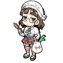 Rule 34 | 1girl, bag, blunt bangs, breasts, brown eyes, brown hair, capelet, dango, eyewear strap, food, full body, garter straps, glasses, hand on own hip, headdress, kantai collection, koopo, large breasts, pince-nez, plastic bag, red skirt, roma (kancolle), short hair, simple background, skirt, solo, standing, thighhighs, wagashi, wavy hair, white background