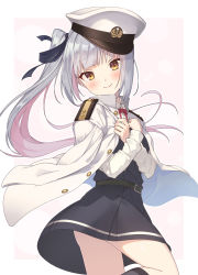 Rule 34 | 1girl, belt, black ribbon, black socks, blush, commentary request, cowboy shot, crossed arms, dress, epaulettes, hair ribbon, hands on own chest, hat, highres, kantai collection, kasumi (kancolle), kasumi kai ni (kancolle), kneehighs, long hair, long sleeves, looking at viewer, military, military uniform, naval uniform, nueco, peaked cap, pinafore dress, red ribbon, ribbon, school uniform, shirt, side ponytail, silver hair, simple background, sleeveless, sleeveless dress, smile, socks, solo, uniform, white background, white shirt, yellow eyes