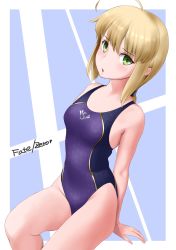 Rule 34 | 1girl, ahoge, artoria pendragon (all), artoria pendragon (fate), blonde hair, competition swimsuit, fate/zero, fate (series), green eyes, highres, official alternate costume, one-piece swimsuit, ponytail, saber (fate), saber (summer battle clothes) (fate), solo, swimsuit, wa (genryusui)