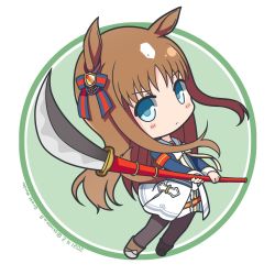 Rule 34 | 1girl, animal ears, black pantyhose, blue eyes, blue jacket, blush, boots, bow, brown footwear, brown hair, character name, chibi, closed mouth, commentary request, dated, dress, ear bow, grass wonder (umamusume), green background, holding, holding polearm, holding weapon, horse ears, horse girl, horse tail, jacket, long hair, long sleeves, looking at viewer, naginata, pantyhose, polearm, shirasu youichi, sleeves past wrists, solo, standing, striped, striped bow, tail, twitter username, two-tone background, umamusume, very long hair, weapon, white background, white bow, white dress