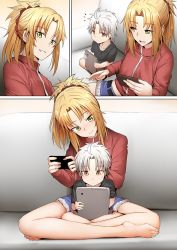 Rule 34 | 1boy, 1girl, ahoge, belt, blonde hair, blush, cellphone, comic, couch, denim, denim shorts, fang, fate/grand order, fate (series), feet, ginhaha, green eyes, indian style, jacket, medium hair, mordred (fate), mordred (fate/apocrypha), phone, ponytail, shirt, short hair, shorts, silent comic, silver hair, sitting, smartphone, smile, tablet pc, yellow eyes