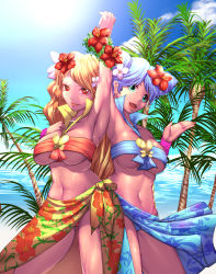 Rule 34 | 10s, 2girls, beach, blonde hair, blue eyes, blue hair, blue skirt, breasts, cure sunset, cure wave, day, double bun, earrings, flower, hair flower, hair ornament, holding hands, happinesscharge precure!, harihisa, highres, interlocked fingers, jewelry, large breasts, lips, long hair, magical girl, multiple girls, navel, ohana (happinesscharge precure!), open mouth, orange hair, orina (happinesscharge precure!), outdoors, palm tree, precure, sarong, skirt, smile, swimsuit, tan, tree, underboob, water