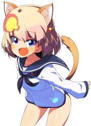Rule 34 | 10s, 1girl, :d, animal ears, black neckerchief, blonde hair, blouse, blue eyes, blush, cat ears, cat tail, commentary, cosplay, cowboy shot, fang, girls und panzer, highres, katyusha (girls und panzer), kemonomimi mode, leaning forward, looking at viewer, military, military uniform, miyafuji yoshika, miyafuji yoshika (cosplay), neckerchief, no pants, open mouth, paw print, sailor, sailor collar, shirt, short hair, simple background, smile, solo, standing, strike witches, sw (taco), swimsuit, swimsuit under clothes, tail, uniform, white background, white shirt, world witches series