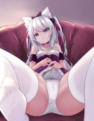 Rule 34 | 1girl, absurdres, angry, animal ear fluff, animal ears, azur lane, bare shoulders, black bow, blue eyes, blush, bow, bow panties, breasts, cameltoe, cat ears, chair, choker, closed mouth, clothes lift, collarbone, dress, dress lift, embarrassed, feet, female focus, frilled dress, frills, hair bow, hair ribbon, hammann (azur lane), highres, indoors, lifting own clothes, long hair, looking at viewer, nose blush, off shoulder, panties, purple dress, reclining, red ribbon, ribbon, see-through, short sleeves, showyou, sitting, small breasts, solo, spread legs, thighhighs, thighs, two side up, underwear, white hair, white panties, white thighhighs
